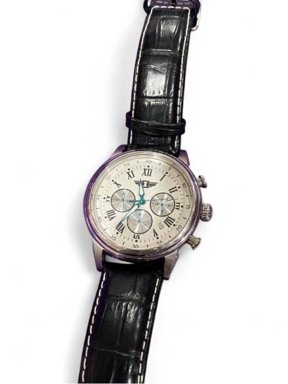 Silver Invicta Chronograph Watch with Black Leather Strap